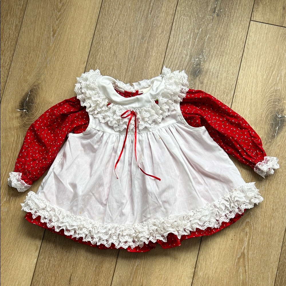 Vtg BRYAN 18 Months Girl Toddler Baby Floral Dress Red White w Lace READ MORE